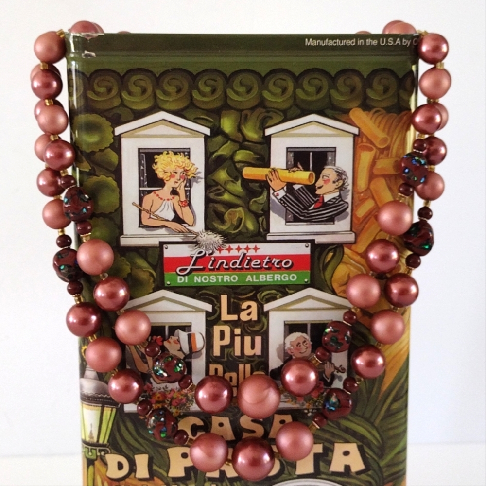 *Vintage Foil Art Glass and Glass Pearl Beaded Necklace